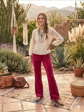 Studio Park Pants Womens 12 Pink Velvet Bohemian Hippie Whimsigoth Flare Pull On